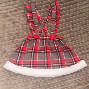 🎄12M Baby Girls Xmas Suspenders Skirt 🎀 Red Gray Plaid Santa Holiday Outfit❄️